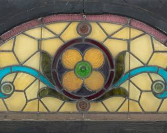 Stained & Leaded Glass Transom Window, Ca. 1880, H 20" W 44.5" Depth 1.25" | the window pane offers leaded stained glass in a demilune form. Having lavender tone, yellow, and azure blue came glasswork. Circa 1880. Provenance: From the Estate of Prominent Collector, Leon Zielinski, Macomb County, MI