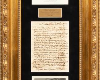 John Paul Jones (Scottish American, 1747-1792) Letter Ca. 1780, H 8.5" W 6.25" | Letter dated 1780. Written in the French language. Jones commanded U.S. Navy ships stationed in France, starting in 1777. Framed H. 41.5" X W. 17.5".