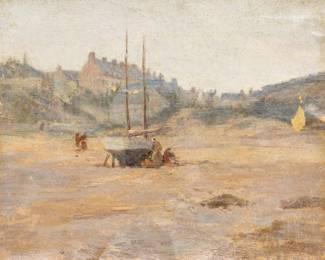 John Henry Twachtman (American, 1853-1902) Oil on Canvas, Ship Repair at Low Tide, H 15" W 18" | Depicting a New England ship repair at low tide. Signed lower right. Artist attribution on canvas verso. Unframed. Provenance: Property of Prominent Collector, Birmingham, Michigan