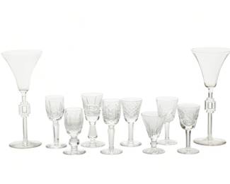 Waterford (Irish) Cut Crystal Cordials & Lalique (French) 'Tosca' Wine Glasses, H 7" Dia. 3" 10 pcs | the collection offers Waterford cut crystal cordials (H 2.75"-4") in varying patterns with two Lalique 'Tosca' wine glasses (H 7" X DIA 3"). Each bearing signature branding acid etched to the undersides. Provenance: Property from a Grosse Pointe Farms, Michigan private collector.