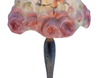Pairpoint Puffy Reverse Painted Papillon Lamp H 16" Dia. 9.2" | Shade signed near edge. Border of pink roses, butterfly. Brass footed base signed #3047Y.