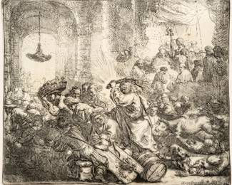 Rembrandt Van Rijn (Dutch, 1606-1669) Etching with Drypoint 1635, "Christ Driving the Money Changers from the Temple", H 5.45" W 6.6" | on thick laid paper, without watermark.  a fine, heavily inked impression, printing with great clarity and intense contrasts, significant areas of plate tone and wiping (primarily visible over the signature and date in the lower right), with touches of burr and much ink relief, with thread margins in areas or trimmed the platemark.  Catalogue Raisonne:  Bartsch, Hollstein 69; Hind 126; New Hollstein 139 Provenance: From a Prominent Print Collector, Clarkston, Michigan