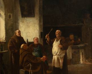 Adolf Humborg (Austrian, 1847-1921) Oil on Canvas, 1883, "Close Harmony in the Cloister Kitchen", H 30" W 25" | Signed and dated in the lower right. Depicting a group of monks singing in the cloister kitchen. Having a giltwood and gesso frame, H 40.5", W 36". Provenance: From the estate of Ruth Ann Juliano