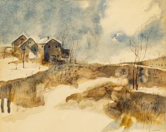 John Gable (American, B. 1944) Watercolor on Paper, "New England Winter", H 16" W 18.5" | Signed in the lower left. Depicting a farmhouse and rolling hills in the winter. Matted and framed under glass, H 25", W 27.25".  Artspace gallery label on verso. Provenance: Property of Prominent Collector, Birmingham, Michigan