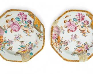 Chinese Export Porcelain Octagonal Plates, Famille Rose, Ca. 1780, Dia. 9" 2 pcs | a mirrored pair of hand-decorated plates with roses, feasting beetles, fruit, and bat motifs to the basin. Accented with fired gold trim. Probably produced and exported for the French market. Circa 1780. Provenance: Property from a private collection, Grosse Pointe Farms, Michigan.