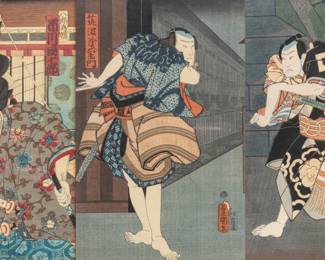 Utagawa Kunisada (Toyokuni III) (Japanese) Woodblocks in Colors on Paper, "Kabuki Actors", Group of Three Works H 13.5" W 9" | Various Japanese Printmakers, including Utagawa Kunisada (Toyokuni III).  Each with artists and publisher's seal.  Various Frame Sizes. Provenance: From the Estate of Prominent Collector, Leon Zielinski, Macomb County, MI