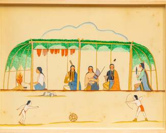 Ron Geionety (American/Kiowa, B. 1950) Gouache on Paper, "Dwelling Interior", H 19" W 29.5" | Signed at the right side. Depicting five Native American figures in an interior setting with two children playing at the bottom. Framed under glass in a wooden frame, H 23.75", W 31.25". Provenance: Property of Prominent Collector, Birmingham, Michigan
