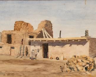 Charles Francis Browne (American, 1859-1920) Watercolor on Paper, 1895, "Old Houses at Hano", H 10" W 14" | Signed and dated in the lower left. Depicting Pueblo homes with two children, chickens and a horse. Matted and framed under glass, H 17.75", W 21.75". Titled on the verso "Old houses at Hano - Tusyan Arizona". in 1895 Charles Browne, along with sculptor Hermon MacNeil and writer Hamlin Garland, toured reservations in Arizona and New Mexico. They visited the Navajo Reservation, the Hopis at Walpi and several Zuni villages during the trip. Provenance: Property of Prominent Collector, Birmingham, Michigan