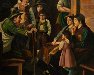 S . Bonelli, (Italy) Oil on Canvas Ca. 1910, "The Storyteller", H 24" W 18" | Signed lower right. Genre scene with eight figures outdoor listening to an old timer telling stories. Carved wood frame 31.5 X 25". Provenance: From the Estate of Prominent Collector, Leon Zielinski, Macomb County, MI