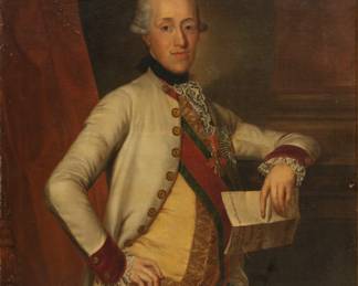 Continental European Oil on Canvas Late 18th/Early 19th C., "Portrait of Prince Albert Casimir of Saxony, Duke of Teschen", H 46.5" W 35.5" | 3/4 length portrait of Prince Albert Casimir holding a letter while wearing a white uniform with red and green sash. Along with his governmental and military duties, Albert Casimir was an avid art collector. His collection can be viewed at the Albertina museum in Vienna, Austria. Having a giltwood and gesso frame, H. 51.5" X W. 41.5". Bearing a plaque attributing the painting to Schretter, Austrian 18th century.