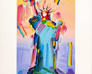 Peter Max (American, 1937-2019) Serigraph in Color on Wove Paper, Ca. 2015, "Statue of Liberty", H 11.87" W 5.87" | Numbered 94/350 lower left, signed lower right and framed H. 31.25" X W. 25.5". Blind stamp in lower left.