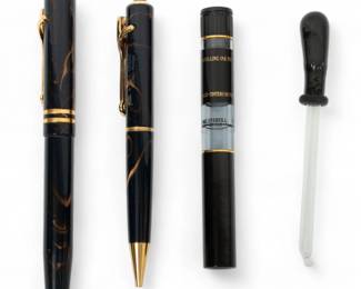 Visconti (Italian) 'R.M.S. Titanic' Fountain & Ballpoint Pen Set, 1998, L 6" | the set includes a ballpoint pen, a fountain pen with 18k gold nib, a pipette, and traveling ink pot. Presented with paperwork and original case, measuring H 1.75" X W 12.5" X D 8.25".