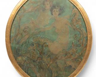 Robert Lewis Reid (American, 1862-1929) Art Nouveau Oval Oil on Canvas, "Mermaids Under the Sea", H 43" W 37" | Unsigned. Oval oil on canvas depicting mermaids underwater with aquatic life. Having a custom giltwood and gesso frame with leaf and water motif, H 46.5", W 41".