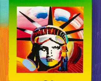 Peter Max (American, 1937-2019) Mixed Media, Acrylic Painting And Color Lithography, Ca. 2006, "Liberty Head II on Blends,", H 10" W 8" | Liberty Head II on Blends, Americana Suite. Mixed Media, Acrylic Painting And Color Lithography on Paper. Signed "Max" lower right. Framed H. 23.5" W. 21.75".