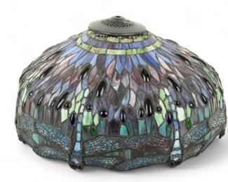 Tiffany Style Blue Dragonfly Leaded Art Glass Shade, H 9.5" Dia. 18" | Blue dragonfly design with green and blue jewel accents. Bronze overlay wings. Shade only. Provenance: Property from the Estate of David Walicki, East Tawas, MI