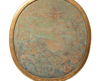 Robert Lewis Reid (American, 1862-1929) Art Nouveau Oval Oil on Canvas, "Mermaid Under the Sea", H 42" W 38" | Signed in the lower right. Depicting a mermaid under the sea holding a mermaid doll while surrounded by aquatic life. Having a custom giltwood and gesso frame with leaf and water motif, H 45", W 41"