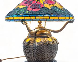 American Art Glass Table Lamp on Snake Basket Base  Late 20th C., "Poppy", H 18" Dia. 17" | Red poppies over leafy border. on bronze snake basket base. Unmarked. Provenance: Property from the Estate of David Walicki, East Tawas, MI