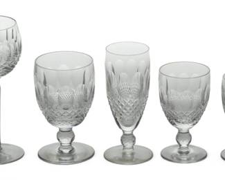 Waterford (Irish) 'Colleen' Cut Crystal Stemware, H 4.75" 23 pcs | the collection includes six white wine glasses (H 4.5"), five claret wine glasses (H 4.75"), two fluted champagne glasses (H 6"), two hock wine glasses (H 7.5"), and eight water goblets (H 5.25"). Each bearing signature branding acid etched to the undersides. Provenance: From a Prominent Print Collector, Clarkston, Michigan