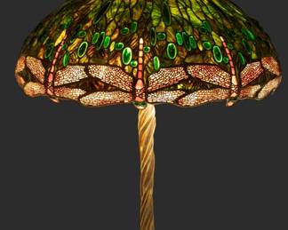 Tiffany Style Art Glass Table Lamp Late 20th C., "Dragonfly", H 29" Dia. 22" | Green ground shade with red dragonfly wings. on a Tiffany style twisted root base. Cap. Unsigned. Provenance: Property from the Estate of David Walicki, East Tawas, MI