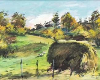Dan Lutz (American, 1906-1978) Gouache on Paper 1943, "Hayfield in the Mountains", H 14" W 22" | Signed and dated in graphite lower right.  Frame Measurements H 21.5" W 29.25 Provenance: Dazell Hatfield Galleries, New York (paper label affixed verso); Property of Prominent Collector, Birmingham, Michigan