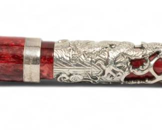 Montegrappa (Italian) Sterling Silver the Original Zodiac Collection, "Dragon" Fountain Pen, L 5.5" | 18k gold nib with hand embellished die-cast overlays, stamped serial number 0754 on cap band, with original lacquer gift box and storage box H 2.75" W 9" D 6.5",