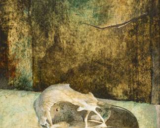 Walter Louis Jones (American, 1943-2020) Acrylic on Board, Ca. 1967, Eagle's Skull, H 12" W 9.75" | Signed and dated in the lower left. Still life of an eagle's skull. Mounted in a shadowbox frame, H 18.5", W 15.75". Arwin Galleries, Detroit label on verso. Provenance: Property of Prominent Collector, Birmingham, Michigan