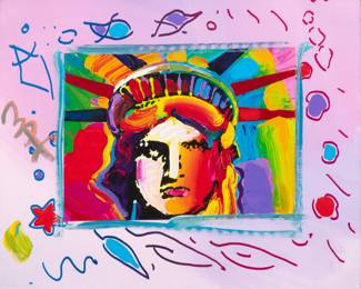 Peter Max (American, 1937-2019) Acrylic & Offset Lithograph on Paper, "Liberty Head", H 8.5" W 10.5" | Signed to the left side margin. Frame measures H 21.5" X L 23.75".