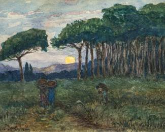 Charles Walter Stetson (American, 1858-1911) Watercolor on Paper, 1897, "Twilight Harvest Near Rome", H 5" W 7" | Signed in the lower left. Dated Rome 1897 in the lower right. Pencil notation on the sheet verso: "Near Rome", signed, dated, with an illegible title or description of the scene. Depicting three ladies carrying baskets near a tree line at sunset. Matted and framed under glass, H 10.5", W 12.5". Provenance: Property of Prominent Collector, Birmingham, Michigan