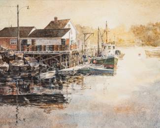 John Gable (American, B. 1944) Watercolor on Paper "Kennebunkport Harbor", H 17.25" W 27.25" | Signed lower right.  Frame Measurements H 23.5" W 33.5" Provenance: Property of Prominent Collector, Birmingham, Michigan