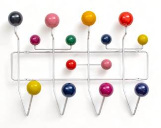 Charles And Ray Eames for Herman Miller 'Hang-It-All" Coat Rack, Ca. 1999, H 14" W 19.75" | Constructed with rods on a wall-mounted wire framework, capped with wooden balls. Herman Miller and Eames stickers on the wire frame. Includes certificated of authenticity from Herman Miller, dated 2-12-99. Also includes original shipping box. Provenance: Property of Prominent Collector, Birmingham, Michigan