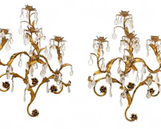 Gilt Metal Sconces with Crystal Prisms, Rose & Vine Tendrils, H 27" W 20" Depth 11.5" 1 Pair | the sconces offer a rose and vine tendril motif with four candle cups on each sconce. the crystal prisms offer one gem cut and one cascading tear drop adorning the sconces. Provenance: Property from a private collection, West Bloomfield Township, Michigan.