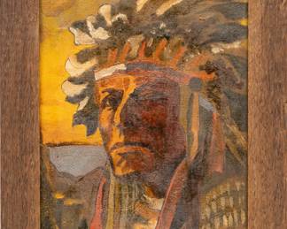 American Oil on Canvas, Ca. Mid 20th C., "Portrait of a Chief", H 14.75" W 11" | Signature in the lower center appears to read "Zann Ning". Portrait of a Native American chief with a feather headdress. Having a carved wood frame, H 18.25", W 14.5". Provenance: Property of Prominent Collector, Birmingham, Michigan