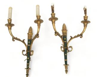 French Empire Style Bronze Two-Light Sconces, 20th C., H 15" W 12" Depth 7" 1 Pair | Torch form wall bracket with swirling cone finial supporting two d'ore bronze arms.
