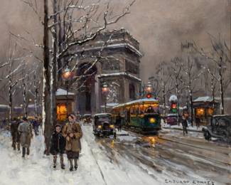 Edouard Leon Cortes (French, 1882-1969) Oil on Canvas "Arc De Triomphe, Neige", H 19" W 22" | Snowy nocturne view of the Arc de Triomphe. Signed in the lower right. Having a carved giltwood frame, H 30", W 33.75".