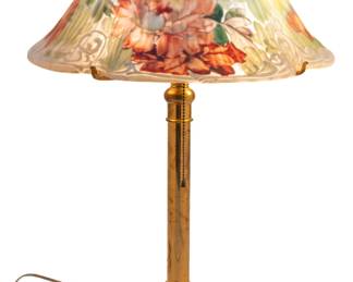 Pairpoint (American) Reverse Painted Tivoli Shade (#805) & Brass Base (#C3019), 1910-1914, H 23" Dia. 16" | the shade offers reverse painted peonies with scroll border (Decoration # 805, circa 1910-1914) on a ribbed Tivoli shade, marked 'The Pairpoint Corp.' on the outside of rim. the base (#C3019, circa 1910-1914) is marked 'PAIRPOINT' 'P' and 'C 3019' in diamond cartouche to the underside. the shade alone measures H 7.5" X DIA 16". the base alone measures H 17" X W 15" X D 15". Provenance: Property from a private collection, Bloomfield Hills, Michigan.