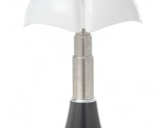 Gae Aulenti for Martinelli Luce 'Pipistrello' Telescoping Table Lamp, Ca. 1970s, H 28" Dia. 21" | Marked on the underside "Modello 620 Pipistrello Martinelli Luce Design Gae Aulenti Made in Italy". Brushed steel telescoping base, maximum height of 34.5". Opal white methacrylate shade. Four sockets. Provenance: Property of Prominent Collector, Birmingham, Michigan