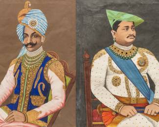 Unsigned Watercolor And Gold on Paper, Portraits of Indian Maharaja, Ca. 1900, H 35" W 29" 2 pcs | Depicting portraits of Indian princes adorned in lavish jewels and court regalia. Unsigned. Frames measure H 47" X W 37". Depicting Maharaja Sir Sardar Singh Bahadur. Circa late 19th or early 20th century. Provenance: Purchased from Sotheby's (Sale N08025); Property from the collection of Pierre Berge, Pierre Hotel New York. Property of a Grosse Pointe Park, MI private collector.