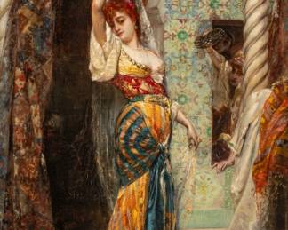 Edouard Richter (French, 1844-1913) Oil on Canvas, Ca. Early 20th C., "Preparing for the Performance", H 24.25" W 15.25" | Signed E Richter in the lower right, monogrammed ER in the lower left. Orientalist oil on canvas depicting a harem dancer preparing for a performance as fellow dancers look on from an open window in a Moorish interior. Having a substantial giltwood and gesso frame with in an acanthus leaf and floral design. Provenance: From the collection of Susan Moran, Royal Oak, MI. 