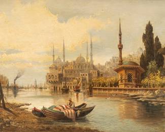 George Edwards Hering (British, 1805-1879) Oil on Canvas 1840-1860, "Constantinople from the Golden Horn", H 12.5" W 20.5" | a view of the Hagia Sophia from the Golden Horn during the Ottoman Empire. a fisherman is repairing a sail in the foreground while the Skyline of Constantinople is in the distance. the view predates the building of the Galata bridge which currently spans the Golden Horn. Signed lower left 'G.E. Hering". Period frames measure H 23.5" X W 32". 95 entries on ArtNet. Provenance: Property of a Grosse Pointe Park, MI private collector.