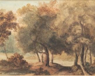 Follower of John Constable (British, 1776-1837) Watercolor on Paper, H 4.5" W 26.5" | Forest river, no apparent signature. Framed H 15", W 17". Provenance: Property from a Sterling Heights, MI private collector