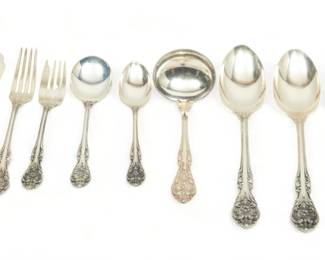 Gorham (American) 'King Edward' Sterling Silver Flatware, Service for Eight, 57t oz 54 pcs | the collection includes 8 place knives (L 9"), 8 place forks (L 7.2") 12Toz., 8 salad forks 9.74Toz., 8 teaspoons 8 Toz, 8 cream soup spoons 9.29Toz, 8 flat butter spreaders 6.65Toz, 3 serving spoons, 1 gravy ladle, 1 master butter knife 11.6Toz. Wood case. Purchased from J L Hudson Co. Total weight: 57 troy ounces.