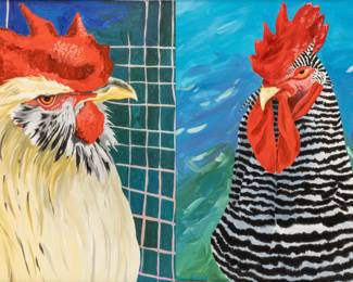 Toni Lance, (New Zealand, B. 1949) Acrylic on Canvas, Contemporary Portraits of Cocks, H 26.5" W 27" 2 pcs | Each signed to the lower margins. Frames measure H 32.5" X W 32.25". Provenance: Property of a Grosse Pointe Park, MI private collector.
