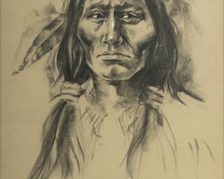 Julia Quenzler (English, 20th C.) Charcoal on Paper, Ca. 1980s, "Cheyenne Warrior", H 24" W 17.5" | Signed in the lower left. Charcoal portrait of a Cheyenne warrior. Julia Quenzler emigrated to the Southwest U.S. in the late 1970s where she traveled to reservations drawing portraits. She returned to England in the later 1980s and found employment as a court illustrator for the BBC and other British outlets. Framed under glass in a carved wood frame, H 32", W 26". Provenance: Property of Prominent Collector, Birmingham, Michigan