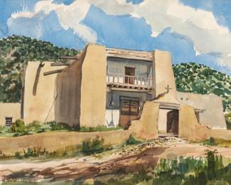 Edwin F. Jaquet (American) Watercolor And Graphite on Paper 1965, "Las Trampas, New Mexico", H 17.5" W 23.75" | Signed lower right.  Frame Measurements H 26" W 31" Provenance: Property of Prominent Collector, Birmingham, Michigan