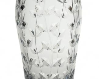 Josef Riedel (Austrian) for Tiffany & Co. (American) Crystal Flower Vase, Ca. 1980, H 13.25" Dia. 6.5" | the vase offers a vine and tendril motif etched in-the-round. Bearing signature branding label to the lip with acid etched marks to the underside. Circa 1980. Provenance: Property from a private collector of Bloomfield Hills, Michigan.