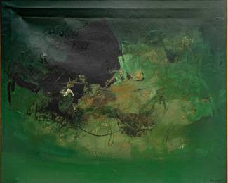 Tikashi Fukushima (Brazilian, 1920-2001) Oil on Canvas, Ca. 1965, Untitled Abstract, H 44" W 53.5" | Signed and dated in the lower right. Abstract in green and black. Having a thin wooden frame. Provenance: Property of Prominent Collector, Birmingham, Michigan