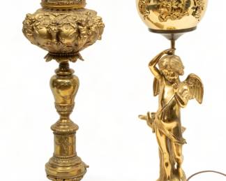 Brass Oil Lamp Bases, H 27" And H 24" 2 pcs | Both electrified. One with angel figure at base H 27". No globes. Each has a glass chimney.