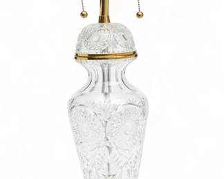 Marbro (American) Cut Crystal And Brass Table Lamp, H 29" Dia. 7" | Having starburst design with brass leaf base. the lamp offers two light sockets with pull chains. Electrified. Provenance: Property of a Birmingham, MI private collector. 