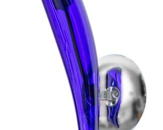 Giuseppe Righetto for Artemide, Murano Glass 'Ducale' Wall Sconce Ca. 1990s, H 17" Depth 7.5" | Single arm blue Murano glass sconce in the form of a horn. Clear glass shade with metal mounting bracket. Provenance: Property of Prominent Collector, Birmingham, Michigan