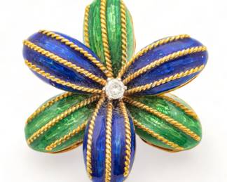 18K Yellow Gold, Diamond, Blue & Green Enamel Brooch, Dia. 1.5" 18g | Diamond size is approximately .05ct. Impressed 18K. Total weight: 18 grams.
